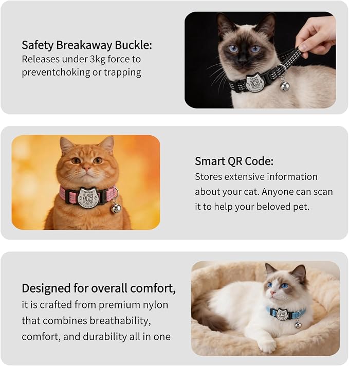 Breakaway Cat Collar with QR Code Tag and Bell (Black & Rose red) | Reflective Nylon, Quick-Release Buckle