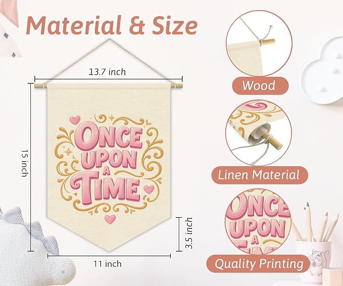 Once Upon A Time Princess Room Decor for Girls, Pink Pennant Banner for Baby Girl Nursery Book Shelf Wall Hanging, Princess Playroom Toddler Bedroom Reading Corner Decorations 15x11 Inch