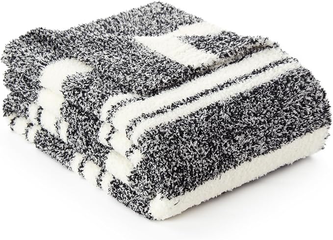 Snuggle Sac Heather Throw Blanket for Couch, Reversible Super Soft Blankets Warm Cozy Knit Fuzzy Plush Lightweight for Sofa, Bed, Camping, Picnic (Stripe Black, Queen (90"x90"))