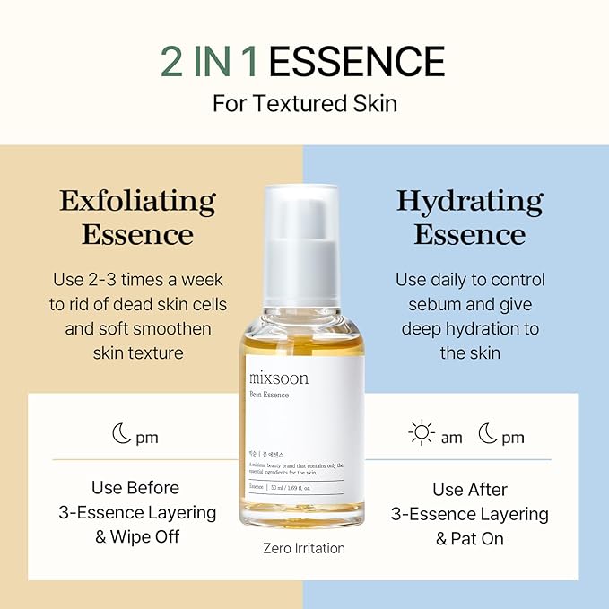 mixsoon Bean Essence-Exfoliating, Hydrating, Fermented Bean Extract, Gentle Formula for Smooth Skin 20ml / 0.68 fl.oz. Korean Glass Skin Care