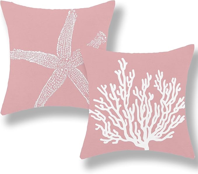 Coastal Pillow Covers 18x18 Inch Set of 2, Pink Coral Starfish Throw Pillows Nautical Ocean Decorations Beach Pillowcase Outdoor Decor Linen Farmhouse Cushion Case for Home Sofa Living Room