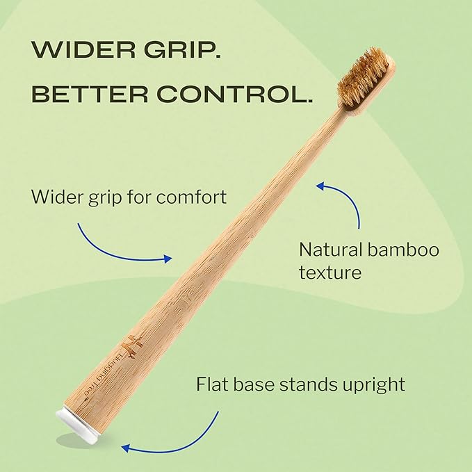Hugging Tree Boar Bristle Bamboo Toothbrush, Made from Natural Boar Hair Bristles, Plastic-Free (Pack of 6)