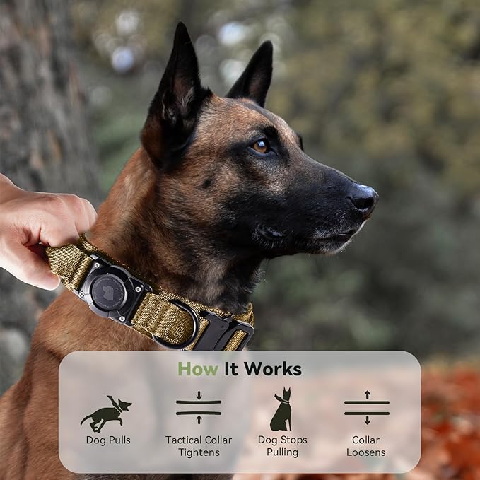 2026 Upgrade Waterproof Tactical AirTag Dog Collar, Built in AirTag Holder | Comfortable Control Handle, Quick Release Metal Buckle, Durable 1000D Nylon, For Medium to Large Dogs, Khaki, XL