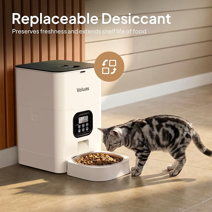 VOLUAS Automatic Cat Feeder, 4L Timed Dry Food Dispenser for Cats & Dogs | Programmable Portion Control, Up to 4 Meals Daily, Dual Power Supply, Power-Off Memory, 10-Second Voice Recorder