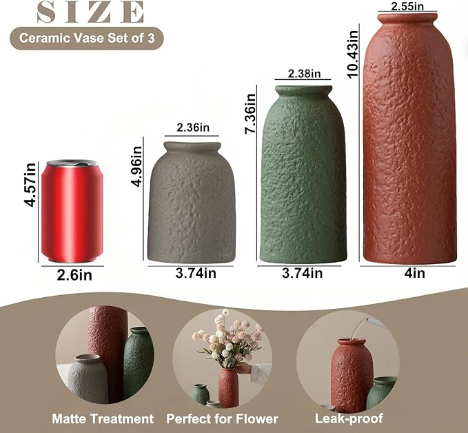 Large Decorative Ceramic Vase Set, 3 Pieces, Nordic Modern Boho Style, Earthtone Color Mix, Modern Farmhouse for Home Decor (XL Red Texture Mix)