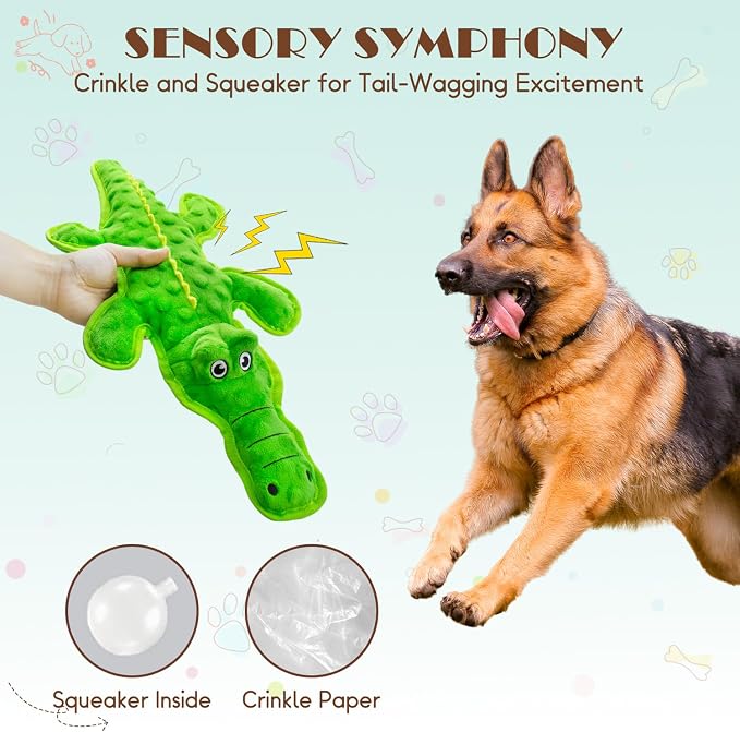 No Stuffing Dog Squeak Toys, Chew Toys for Small, Large Puppies Crocodile | Durable Plush Puppy Teething Toys, Interactive to Keep Pets Busy, Toss Fetch Tug Play, Best Birthday Gift