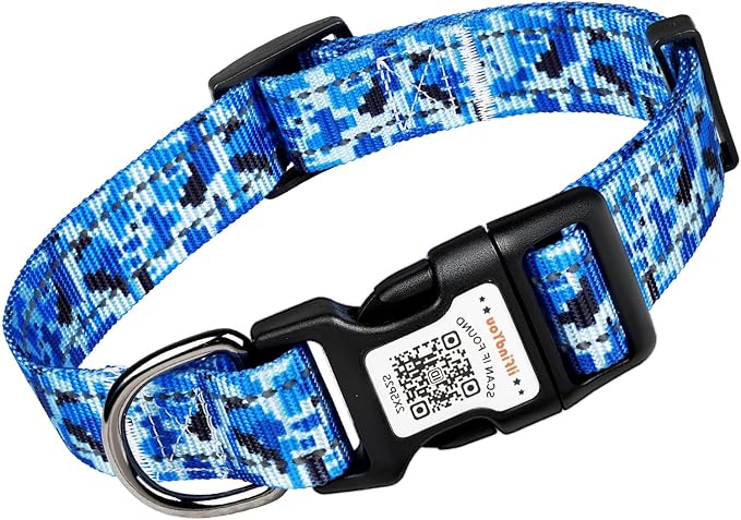 Personalized Dog Collar with QR Code Dog Tag, Camo Blue XS | Anti-lost, 1000D nylon, reflective, padded, XS-L(8"-24"), QR buckle shares lost pet profile, location alerts when scanned