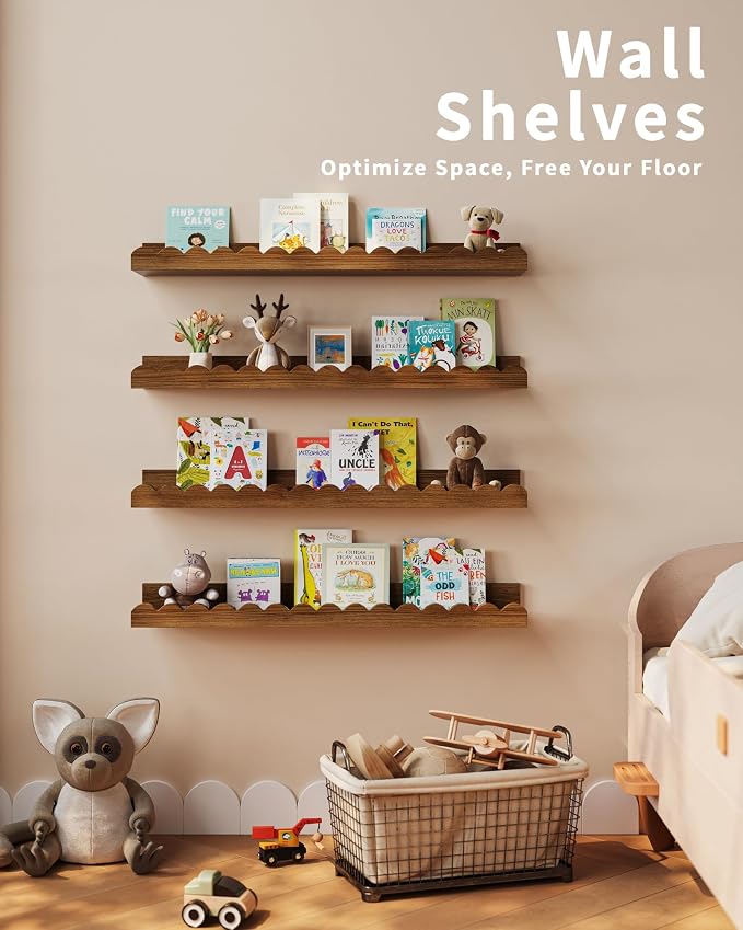 Shario Nursery Book Shelves, 4-Pack White Floating Shelves for Wall Kids, Scalloped Shelves, Wall Book Shelves for Bedroom Kids, Toddler Room, Baby Room, Nursery Decor