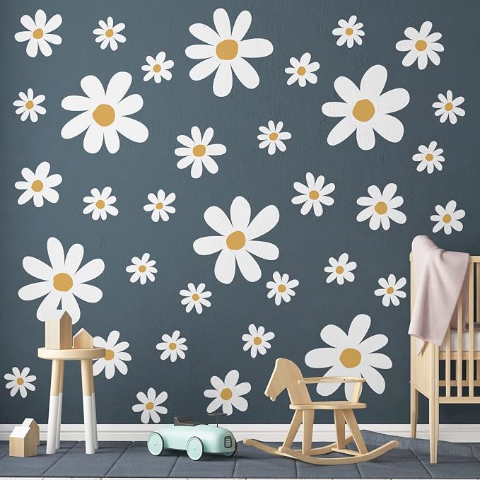 TaoBary 12 Sheet Daisy Wall Sticker Decal,White, Yellow,Cute Style | Big Flower Wall Sticker, Pink White Floral Decal, Daisy Bedroom Room Decor, Removable Peel and Stick, Nursery Home Wall Decor