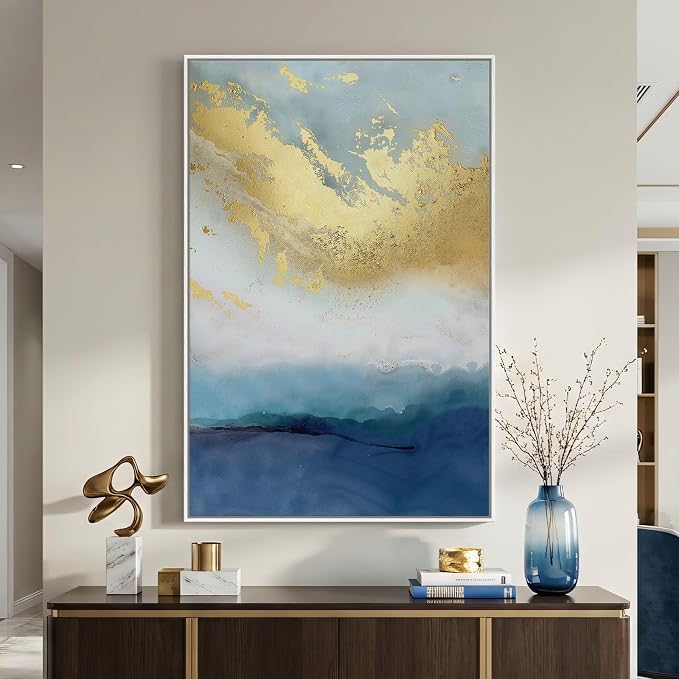Large Framed Blue Gold Abstract Wall Art, Modern Vertical Canvas Prints Paintings Artwork for Walls, Minimalist Contemporary Pictures Wall Decor for Living Room Dining Room Bedroom Hallway 32x48 In