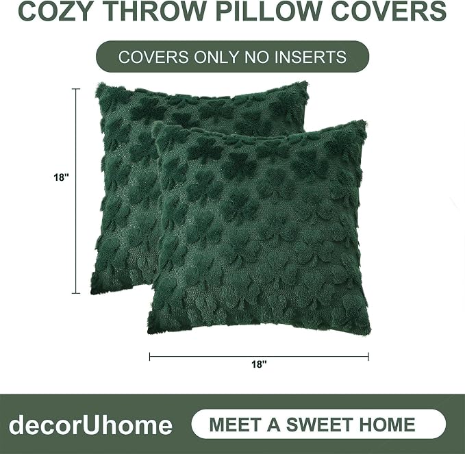 decorUhome Faux Fur Throw Shamrock Green Pillow Covers 18x18 Set of 2 | Plush Soft Wool St. Patrick’s Day Throw Pillow Covers, Accent Modern Farmhouse Pillow Covers Holiday Decor for Sofa Bed
