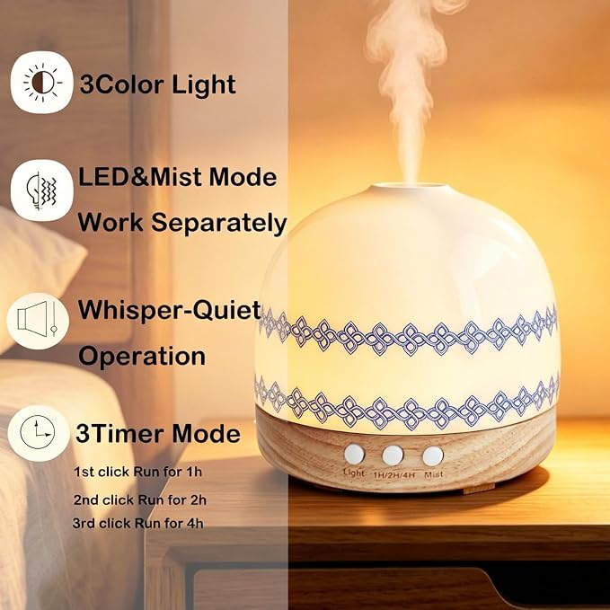 Aromatherapy Diffuser,300ML Handmade Essential Oil Ceramic Diffusers for Large Home with Cool Mist Humidifier & Night Light for Bedroom, Office, Yoga, Spa Women Gifts,Blue Flower