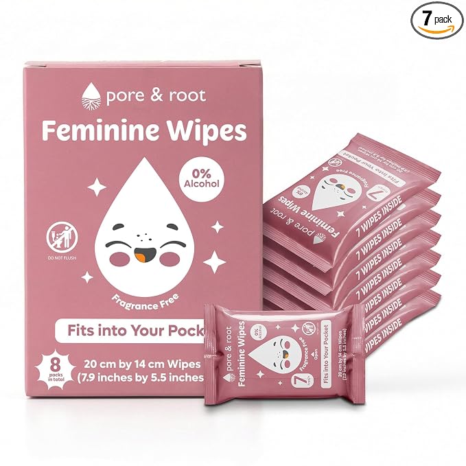 PORE & ROOT Feminine Wipes - Pocket Wipes for Sensitive Skin, Fragrance & Alcohol-Free, Travel-Friendly, Individually Wrapped, with Aloe & Lactic Acid, 112 Count - (16 Pack)