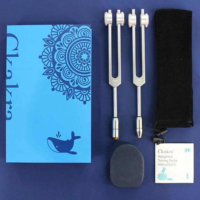 Ckakra Weighted Tuning Forks Set with Genuine Gemstone Base, Complete Set for Effective Sound Therapy,Gem-Feet for Deeper Resonance & Enhanced Vibration,Odorless Silicone Activator,OM136.1+OTTO128