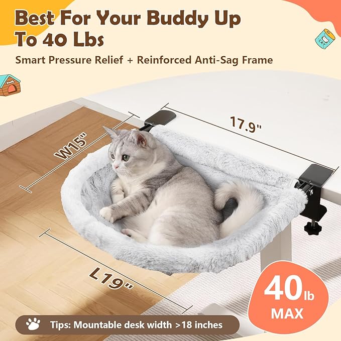 X-Large Cat Desk Bed for Home Office, 19"x15" Spacious Nest | Sunken Hammock Design & Soft Faux Fur, Removable & Washable Cover, Holds Up to 40lbs, Space Saving Cat Perch