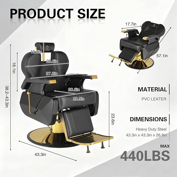 Salon Chair Barber Chair Hydraulic Recline Barber Chairs Hair Chair for Barbershop Hair Salon Equipment Styling Chair with Heavy Duty Hydraulic Pump Black Gold