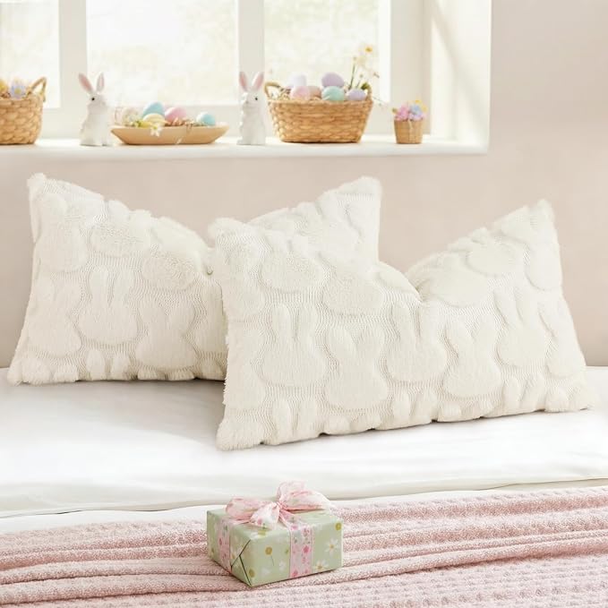 decorUhome Cream White Faux Fur Bunny Throw Pillow Covers 12x20 Set of 2 | Plush Soft Wool Jacquard Cream White Rabbit Cushion Covers, Modern Farmhouse Easter Holiday Decor PillowCases for Sofa Bed