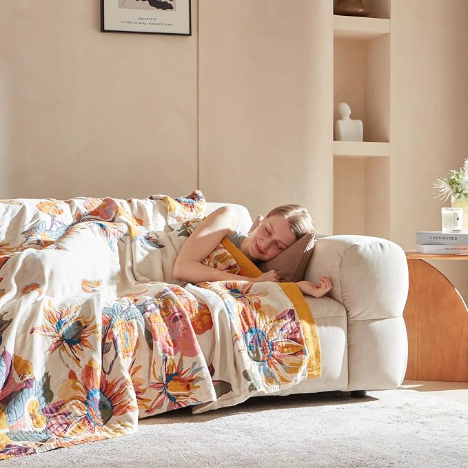 LUTBM King Throw Blanket for Bed -100% Cotton Soft Boho Summer Blankets | 90"x108" Reversible Floral Butterfly Bedspread, All-Season, For Chair Sofa Couch Bedroom Decor, Lightweight Breathable Quilt