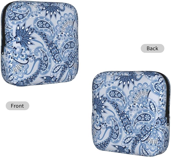 Paisley Flowers And Leaves Blue Bohemian Boho Floral Period Bag For Women,Portable Sanitary Napkin Period Pad Pouch For Purse, Small Make Up Bags