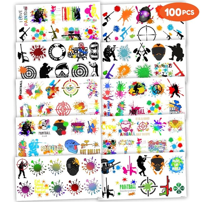 Paintball Temporary Tattoos Gun Birthday Party Decorations Favors Supplies Shooting Themed Cute Stickers 10 Sheets 100 PCS Gifts for Baby Girls Boys Class School Carnival