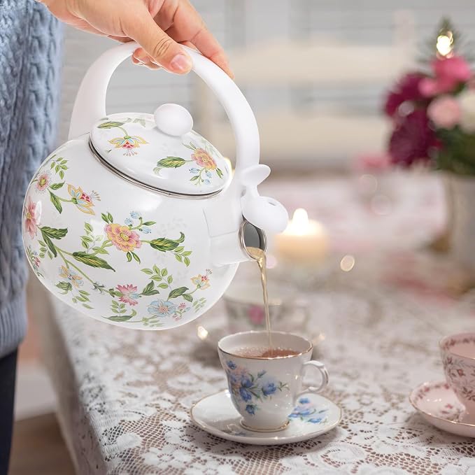 Jucoan 2.3 Quart Vintage Enamel Tea Kettle, Whistling Tea Kettle for Stove Top, Floral Enamel on Steel Teakettle Teapot for Home Kitchen Camping, Gift for Wedding Housewarming Mother's Day