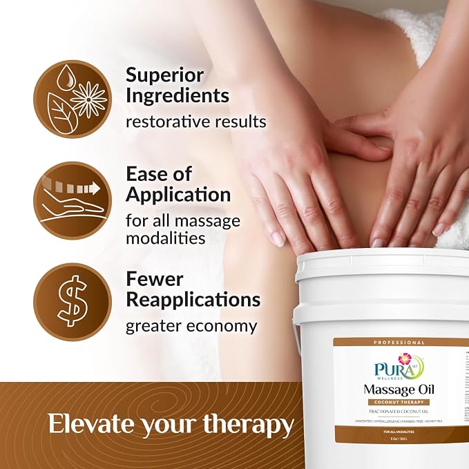 Coconut Therapy 5 Gallon Massage Oil, Coconut Oil, Professional, Massage Therapy, Deep Tissue, Unscented, Natural Ingredients, Skin Hydrating, Moisturizing, Muscle Relief, for Bruising