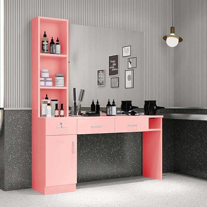 Paddie Barber Salon Station Wall Mount Hair Styling Salon Equipment Set Beauty Spa Furniture Set, Lockable Left Shelf, Mirror not Included (Rose Pink)