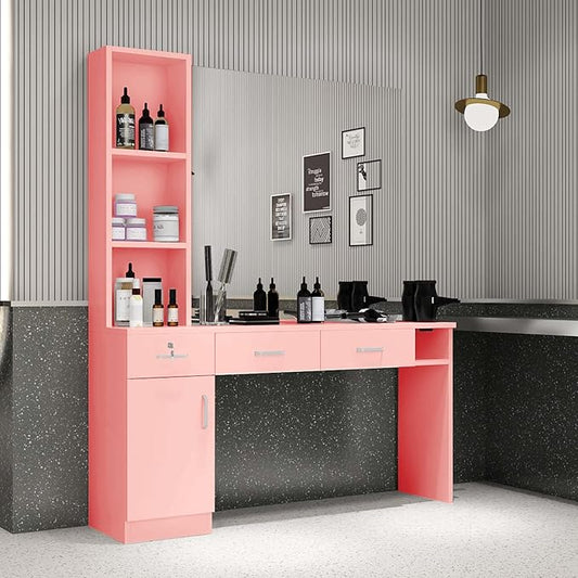 Paddie Barber Salon Station Wall Mount Hair Styling Salon Equipment Set Beauty Spa Furniture Set, Lockable Left Shelf, Mirror not Included (Rose Pink)