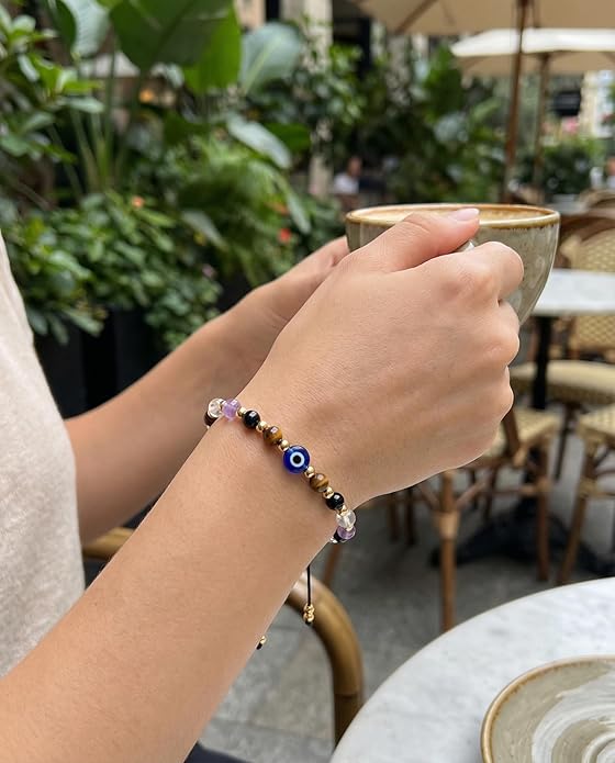 Evil Eye Dainty Bracelet - Natural Crystal Protection Bracelet - 5 Healing Stones Clear Quartz Amethyst Black Tourmaline Tiger Eye Adjustable Spiritual Guardian Jewelry Gift with Meaning Card