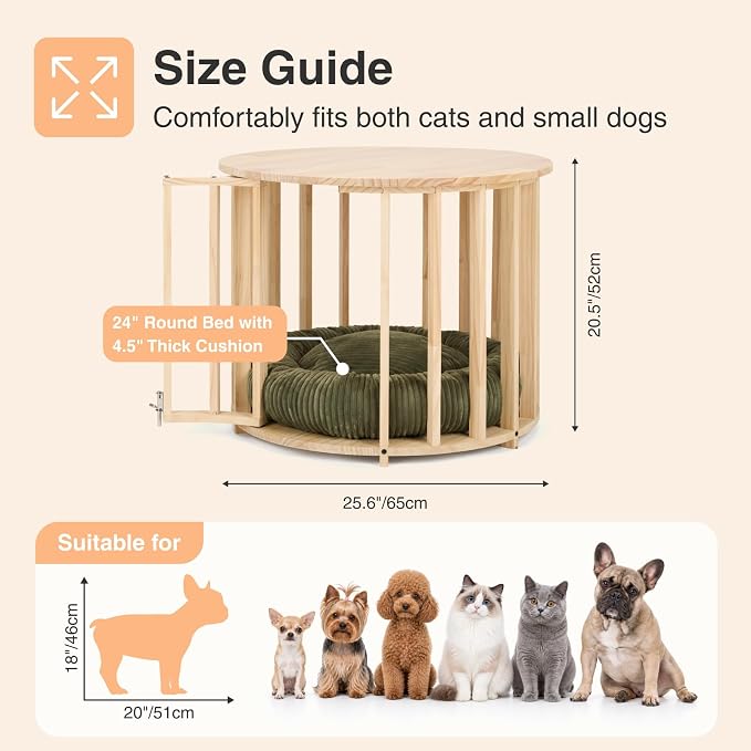 Veehoo Dog Crate Furniture, Round Cat Coffee Table with Cat Bed | Dog crate end table with dogs bed, wooden dog house, for small dogs & cats, 25.6" Dia. x 20.5" H, easy assembly