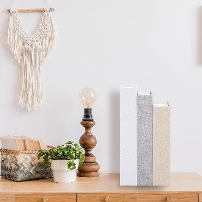 Tioncy 3 Pcs Decor Linen Faux Book Box Set Aesthetic DIY Fake Linen Book Box for Decor Storage Cafe Table Bookshelf Gift Home Keepsake(Multi Sizes,Rice White, Light Grey and White)