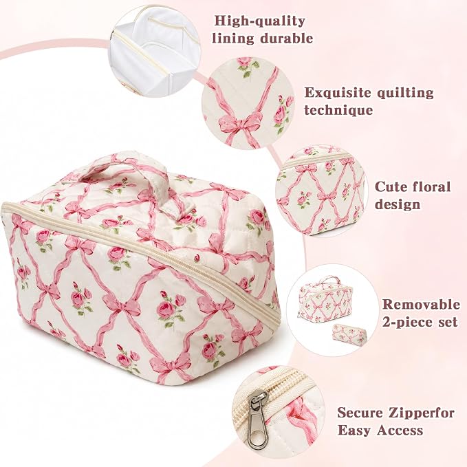 Travel Makeup Bag for Women,Large Capacity Quilted Cosmetic bag， 2PCS Make up Bag Set Open Flat Toiletry Bag for Skincare, Brushes & Travel Essentials (Pink)