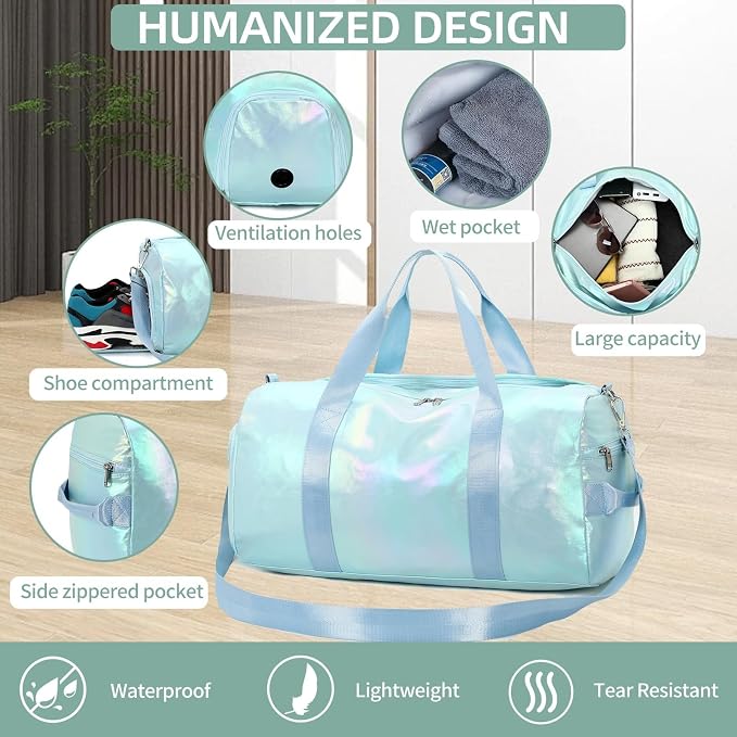 Gym Bag Sports Duffle Bag with Wet Pocket Weekender Overnight Bag with Waterproof Shoe Compartment for Girls Kids Women Travel Dance Yoga Workout Bag (Green)