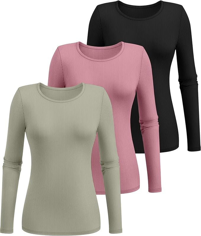 Ficerd 3 Pack Women's Ribbed Long Sleeve Tops, Crew Neck Slim Fit Undershirts Knit Basic Casual Stretch Layering Tee Shirts