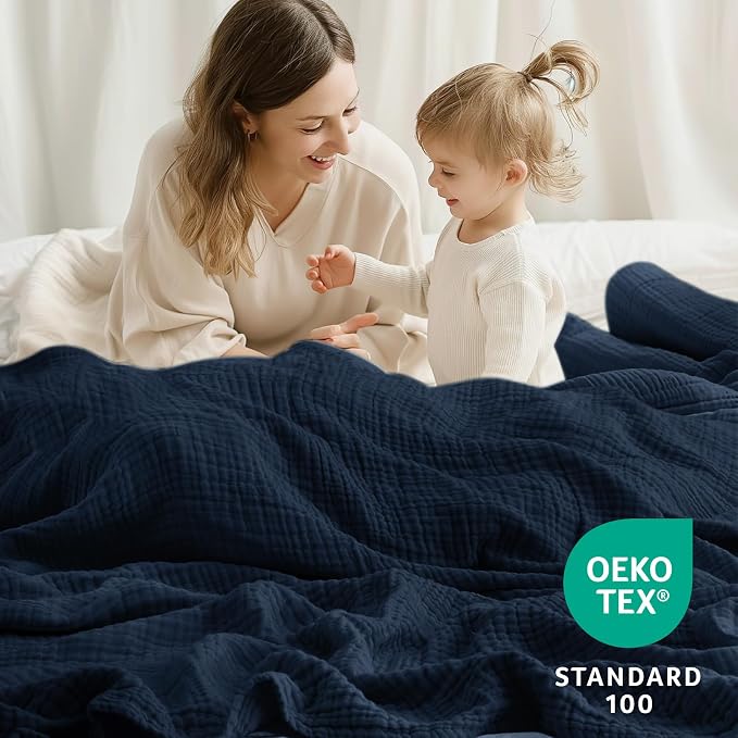 100% Cotton Muslin Blanket California King 120" x 90", 6 Layers Breathable and Lightweight Oversized Blankets for Bed, Soft Cooling Gauze Blanket for Adults All Season, Navy