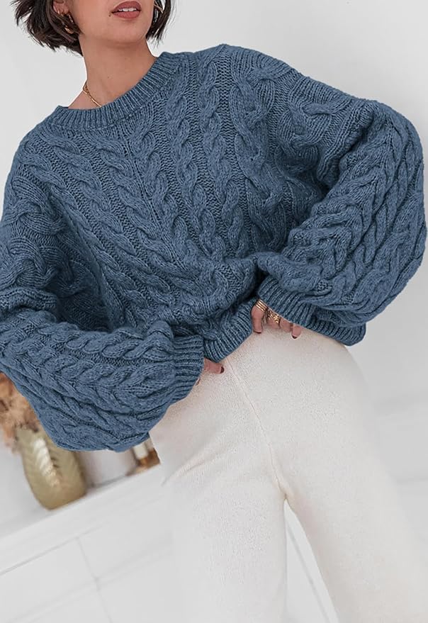 PRETTYGARDEN Womens Sweaters Spring 2026 Cable Knit Long Sleeve Crewneck Oversized Sweater Chunky Pullover Loose Outfits