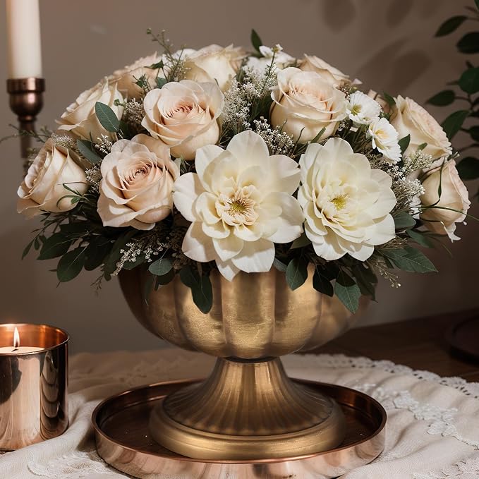 6 Pcs Distressed Gold Compote Bowl, 8" Wide Pedestal | Vintage Pedestal Vase for Wedding Centerpieces, Antique Urn Planter Style, Anniversary Parties, Indoor Outdoor Summer Events