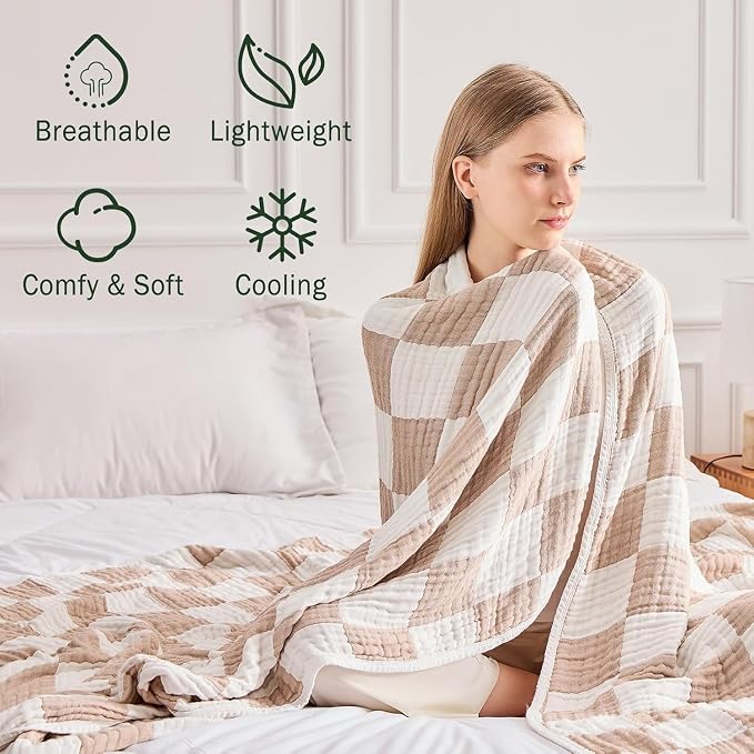 EMME Cooling Muslin Twin XL Blanket - Checkered Lightweight Summer Cotton Blankets of Rayon Derived from Bamboo for Hot Sleepers, Ultra Soft Breathable All Season Gauze