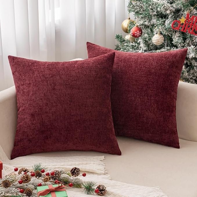 MIULEE Soft Chenille Throw Pillow Covers Burgundy 20x20 Inch Pack of 2 | Modern Home Decor, Classic Decorative Pillows, Solid Dyed Cases, Boho Couch Cushion Covers for Sofa Bed Living Room