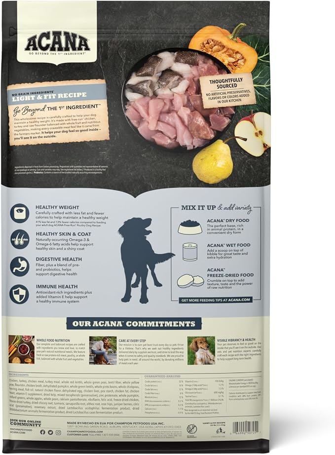 ACANA Grain Free Dry Dog Food Light & Fit Recipe 25lb Bag | Freeze Dried, High Protein, Made in the USA, Global Quality Ingredients