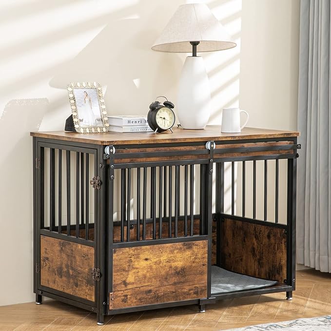 KOOPRO 40" Dog Crate Furniture w/Cushion, Heavy Duty for Large Medium Dogs | Wooden Dog Kennel with Double Doors, Decorative Pet House Dog Cage Side End Table Indoor, Sliding Door Chew-Resistant