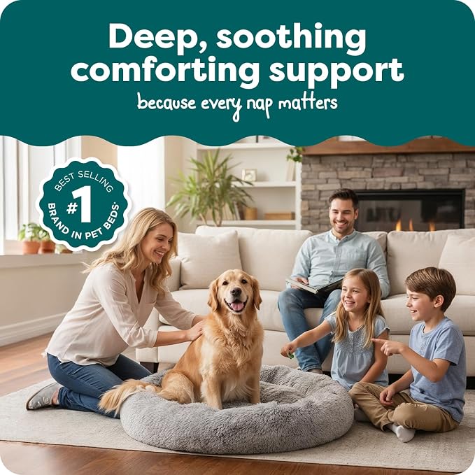 FurHaven 45" Calming Donut Dog Bed for Large Dogs, Round Plush Donut with Soft Filling for Snuggling Comfort, Removable Washable Cover, Jumbo XL, Shaggy Faux Fur, Mist Gray