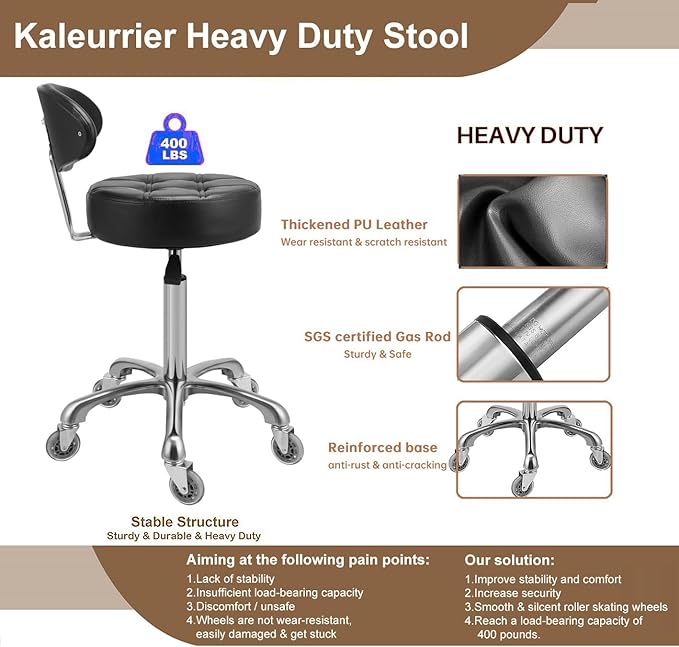 Kaleurrier Swivel Stool Chair Adjustable Height,Heavy Duty Hydraulic Rolling Metal Stool for Kitchen,Salon,Bar,Office,Massage (with Back Rest) (Black)