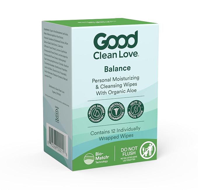 Good Clean Love Balance pH-Balanced Feminine Wipes, Supports Vaginal Health Naturally & Reduces Odor, Non-Irritating Moisturizing & Cleansing Hygiene Product Made with Organic Aloe, (12 Count)