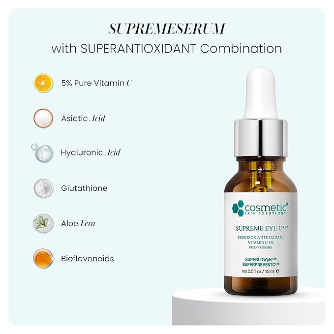 Supreme C5 Vitamin C Eye Gel – Hydrating Undereye Cream with 5% Vitamin C, Hyaluronic Acid & Asiatic Acid – Helps Control Under Eye Circles, Puffiness, Bags & Fine Lines – 0.5 fl oz
