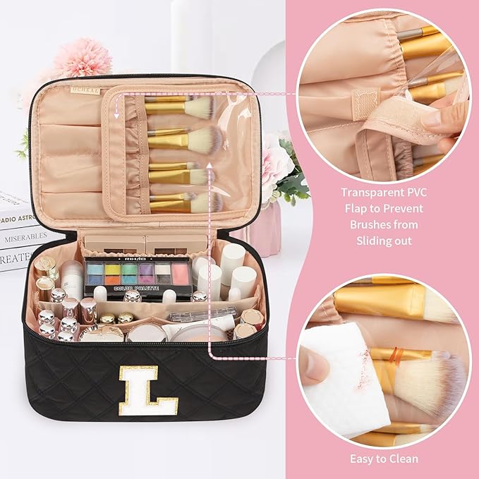 OCHEAL Makeup Bag Valentines Day Gifts for Women, Monogram Cosmetic Bag Black Travel Makeup Case Beauty Toiletry Bag Organizer Personalized Gifts for Girls Bridesmaid, Sister, Wife, Friends Initial L