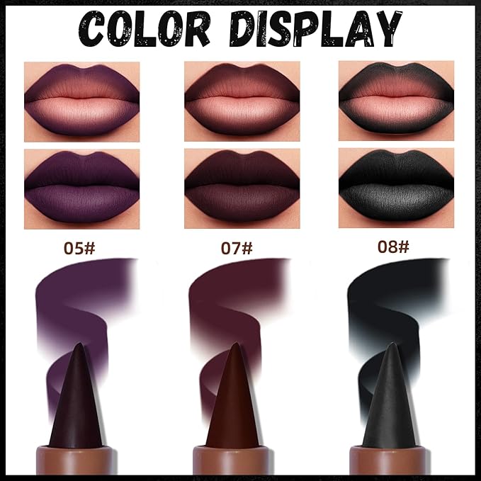 3 Colors 2 in 1 Gothic Lip Liner Set, Matte Purple Dark Red Black Lip Liner Plumping Smooth Creamy Lip Pencil, High Pigmented Long lasting Lip Stain Lipstick Goth Halloween Makeup, 05+07+08