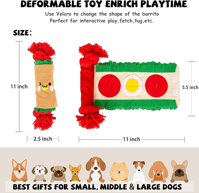 lilfrd Burrito Snuffle Mat Dog Toy, Squeaky Crinkle Rope Puzzle Taco Toy