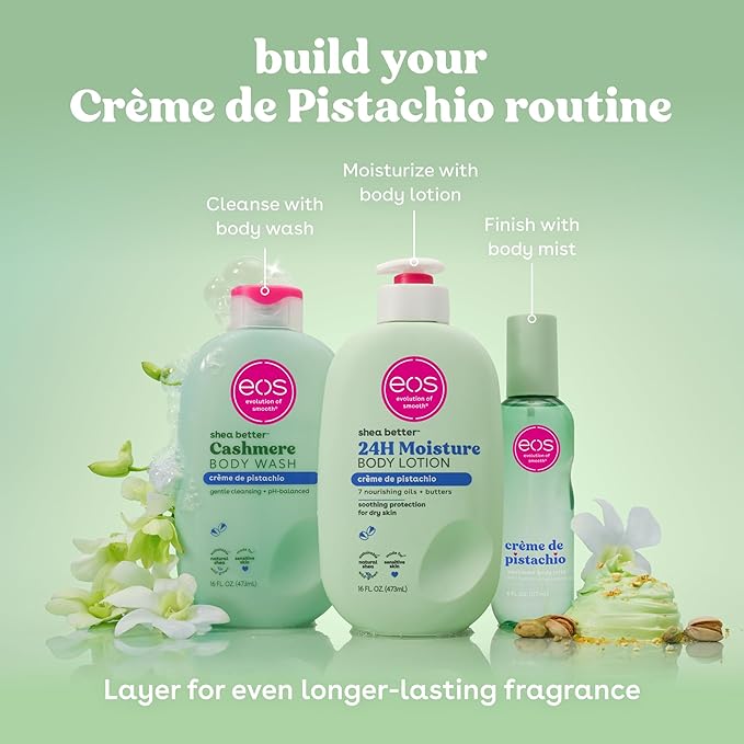 eos Cashmere Body Wash – Crème de Pistachio, Moisturizing Body Wash, Creamy Gel Formula, with Shea Butter, Glycerin, Vitamin E, pH Balanced, Sensitive Skin, Vegan, 16 fl oz