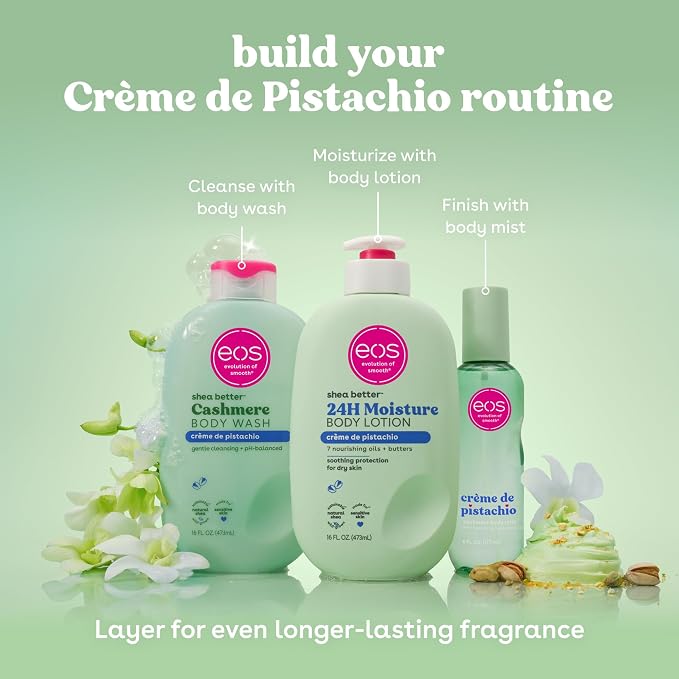 eos Cashmere Body Mist, Crème de Pistachio, Body Spray for Women, Pistachio Perfume, Hair Mist, Moisturizing, Hyaluronic Acid, Glycerin, Vegan, Cruelty-free, 6 fl oz